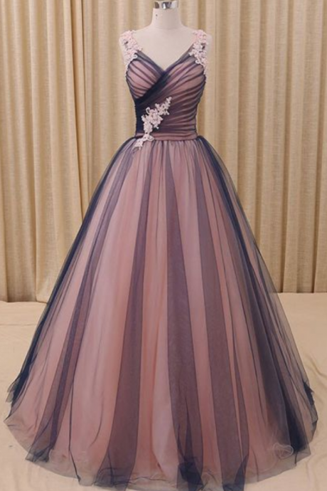 Charming Prom Dress,a-line V-neck Prom Dress, Navy Blue Princess, Tulle Ball Gown Formal Evening Dress