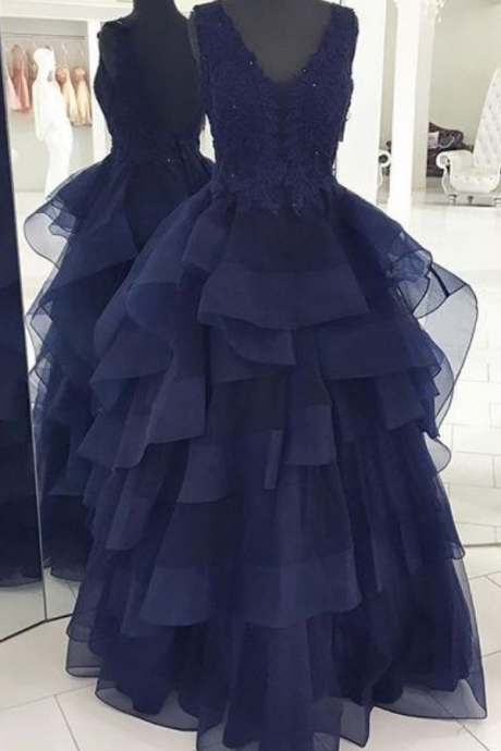 Charming A-line V-neck Navy Blue Long Prom Dress With Appliques Prom Dresses, Prom Dress, Prom Dress,prom Dress