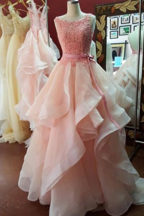 Charming A-line Round Neck Lace Prom Dress, Backless Pink Long Prom Dress