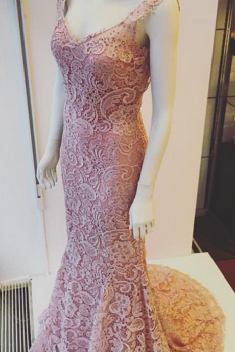 Elegant Pink Lace Prom Dress, V-neck Mermaid Prom Dresses,backless Evening Gowns