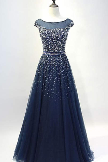 Glamorous A-line Round Neck Navy Blue Long Prom/evening Dress With Beading