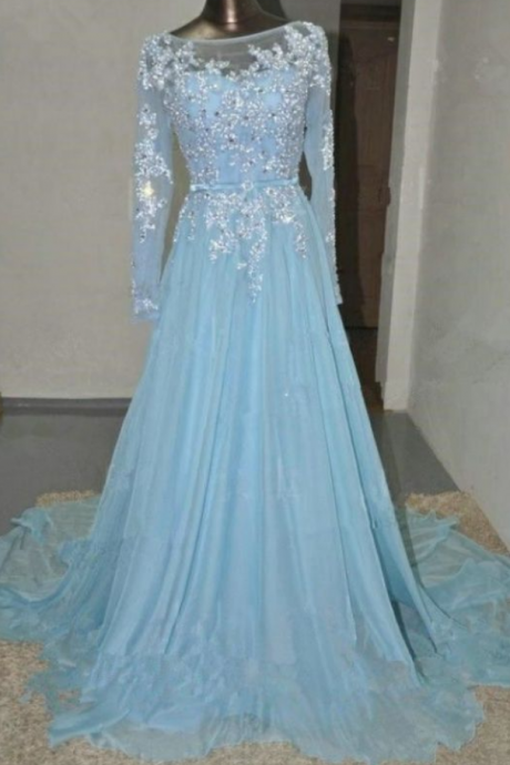Discount Trendy Beaded/beading Prom Dresses, Blue A-line/princess Prom Dresses, Long Blue Prom Dresses, Baby Blue Long Sleeves Lace Beading