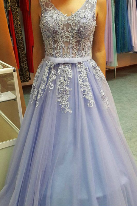 A-line V-neck Blue Tulle Lace-up Prom Dress With Sash Appliques Beading
