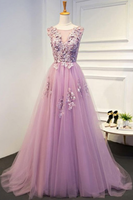 Pink Lace Beaded A Line Tulle Evening Prom Dresses, Party Prom Dresses, Custom Long Prom Dresses, Formal Prom Dresses