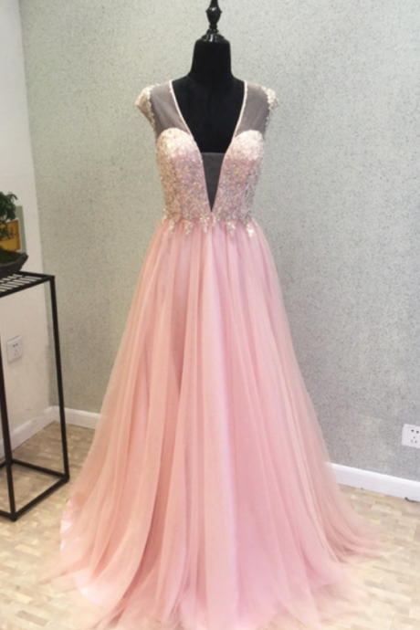 Pink Chiffon See Through Back Long Senior Prom Dress, V Neck Bridesmaid Dress