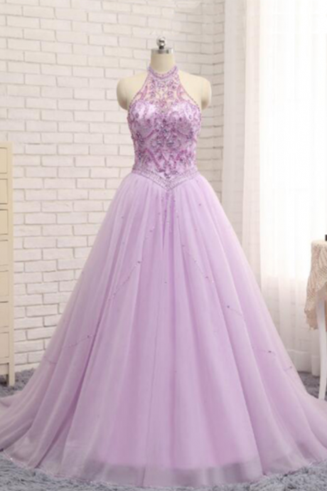 Princess Lavender Tulle Crystal Long Halter Prom Dress, Beaing Long Evening Dresses