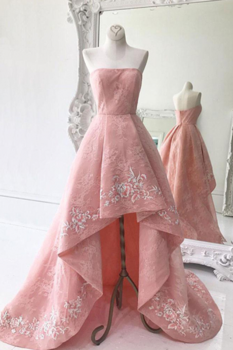 Pink Lace High Low Homecoming Dress, Design Long Prom Dress