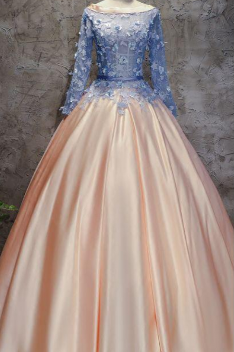 Chic A-line Ball Gowns Pink Blue Satin Applique Long Sleeve Prom Dress Evening Gowns