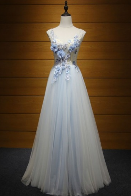  Romantic A-line V-neck Floor-length Tulle Prom Dress With Flowers