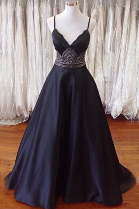 Sexy Spaghetti Straps Open Back Black Prom Dress A-line Beading Satin Long Formal Gowns Party Dresses