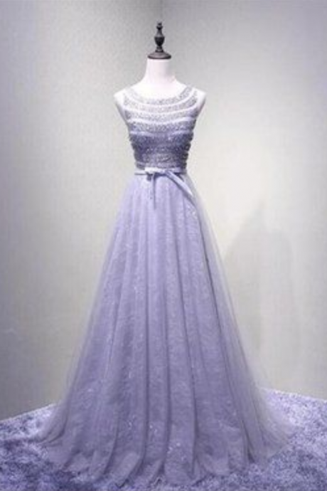 Sexy Open Back Lilac Lace Beaded Evening Prom Dresses, Popular Lace Party Prom Dresses, Custom Long Prom Dresses, Formal Prom Dresses