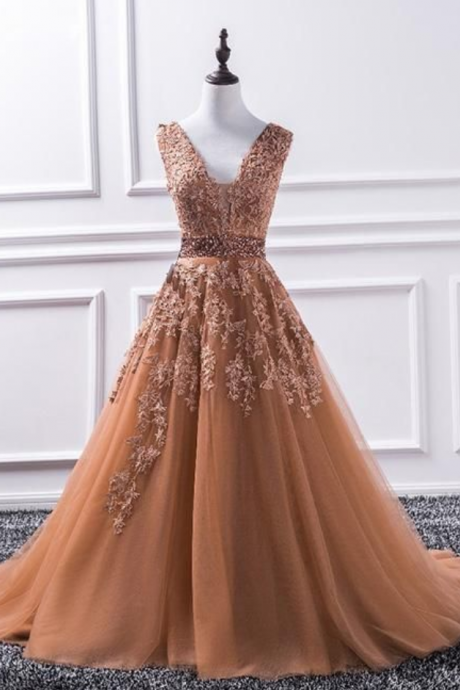 Champagne V Neck Prom Dress, Tulle Lace Long Prom Dress, Sleeveless Evening Dress
