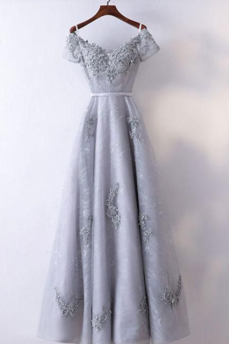 Gray V Neck Prom Dress, Applique Long Prom Dress, Cap Sleeves Evening Dress