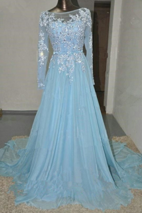 Prom Dress,long Sleeve Prom Dress,a-line Prom Dress,appliques Prom Dress,chiffon Prom Dress,light Blue Prom Dresses