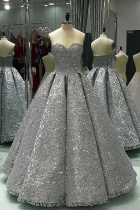 Sweetheart Gray Sleeveless Long Sequins Strapless Ball Gown Shiny Winter Prom Dresses