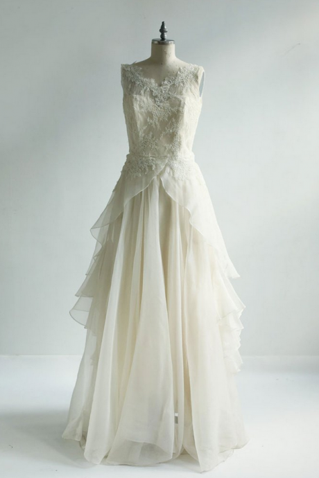 Vory Round Neck Lace Chiffon Long Prom Dress, Lace Wedding Dress