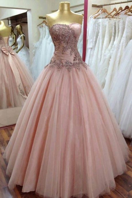 Pink Sweetheart Tulle Lace Sequin Long Prom Dress, Pink Evening Dress