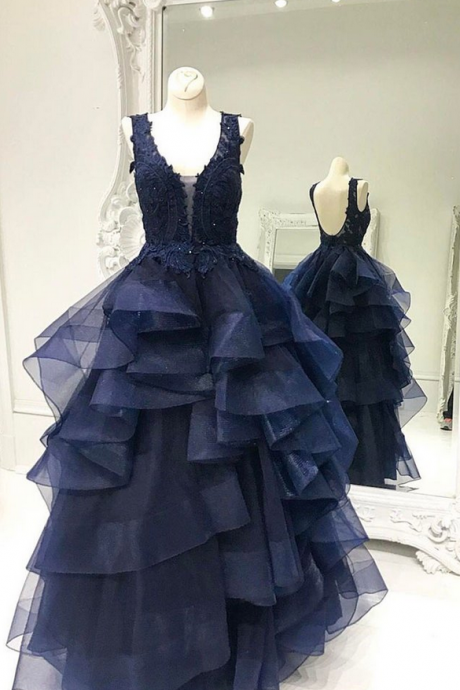 Unique Dark Blue Tulle Lace Prom Dress, Dark Blue Evening Dress