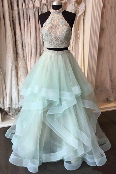 Light Green Tulle Two Pieces Long Prom Dress, Green Evening Dress