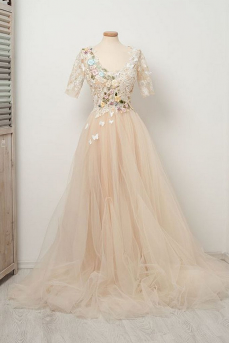 Light Champagne Tulle Lace Long Prom Dress, Tulle Evening Dress