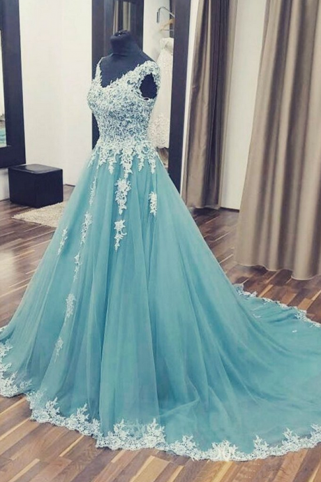 Unique V Neck Lace Tulle Long Prom Dress, Tulle Evening Dress
