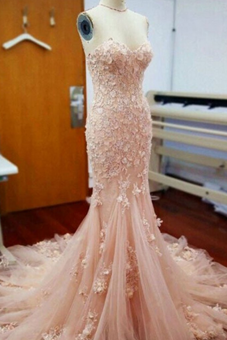 Pink Lace Tulle Mermaid Long Prom Dress, Pink Evening Dress