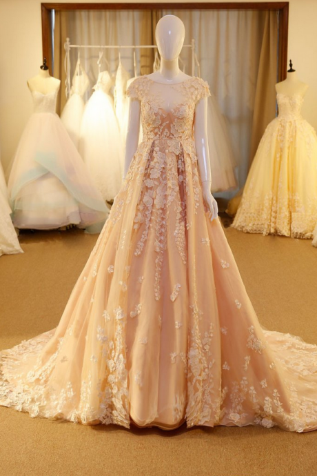  Unique round neck tulle lace applique pink long prom dress, pink evening dress