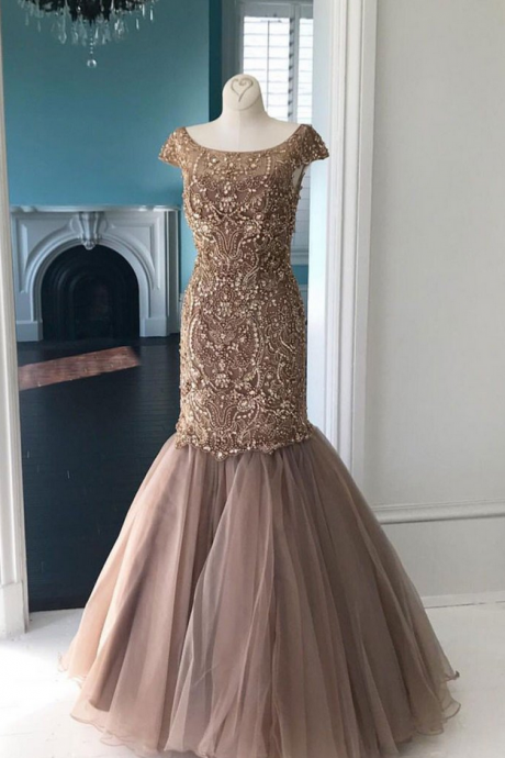  Unique round tulle sequin beads long prom dress, sequin beads evening dress