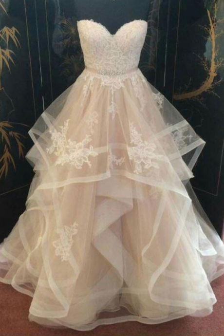 Champagne Tulle Lace Long Prom Dress, Champagne Wedding Dress