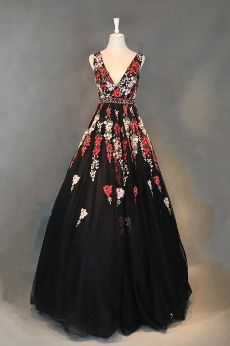 Black Tulle Applique Long Prom Dress, Black Tulle Long Evening Dress