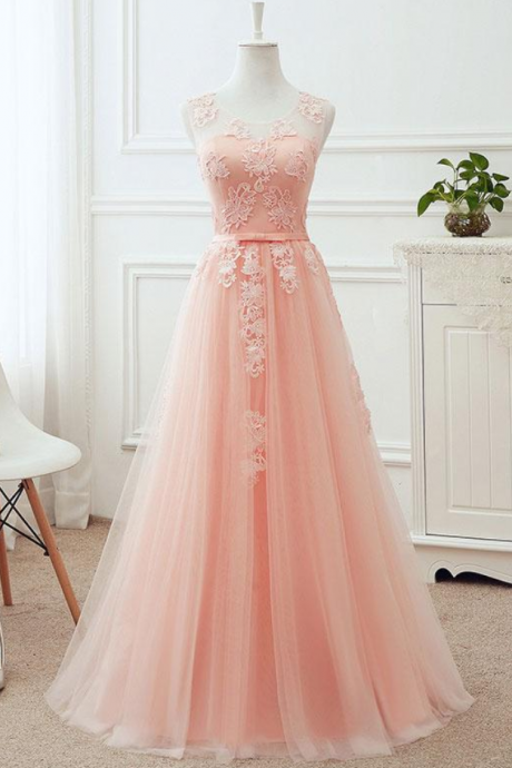Pink Round Neck Tulle Lace Applique Long Prom Dress