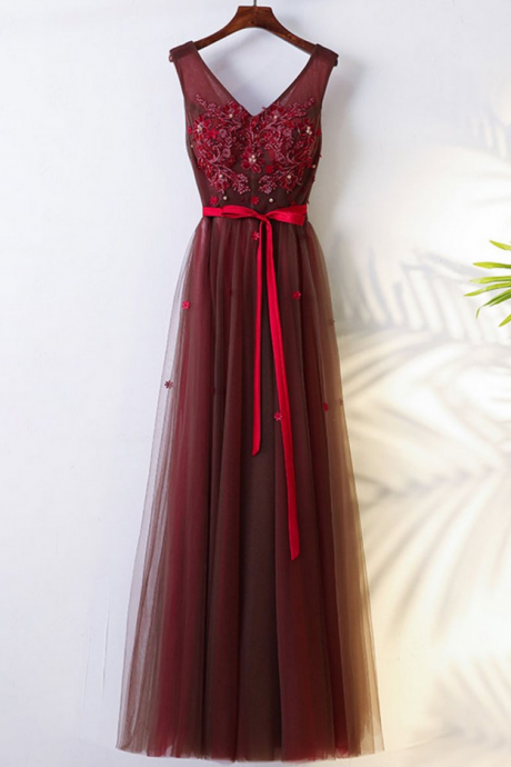 Burgundy V Neck Lace Tulle Long Prom Dress, Bridesmaid Dress