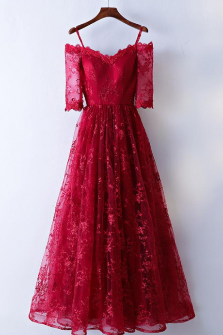 Pretty Burgundy Lace Long Prom Dress, Burgundy Lace Evening Dress