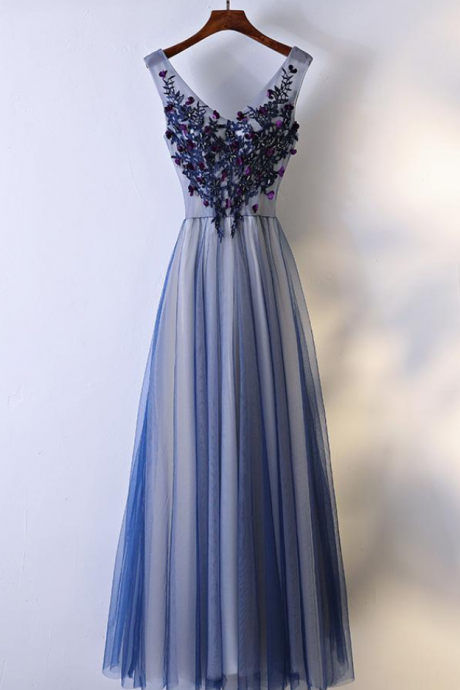 Unique V Neck Lace Applique Blue Long Prom Dress, Evening Dress