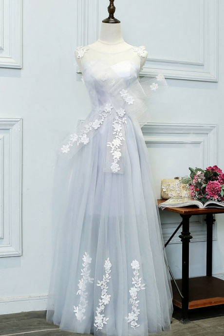 Unique Gray Tulle Lace Applique Long Prom Dress, Evening Dress
