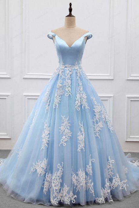  Blue v neck lace tulle long prom dress, blue evening dress Prom Dress