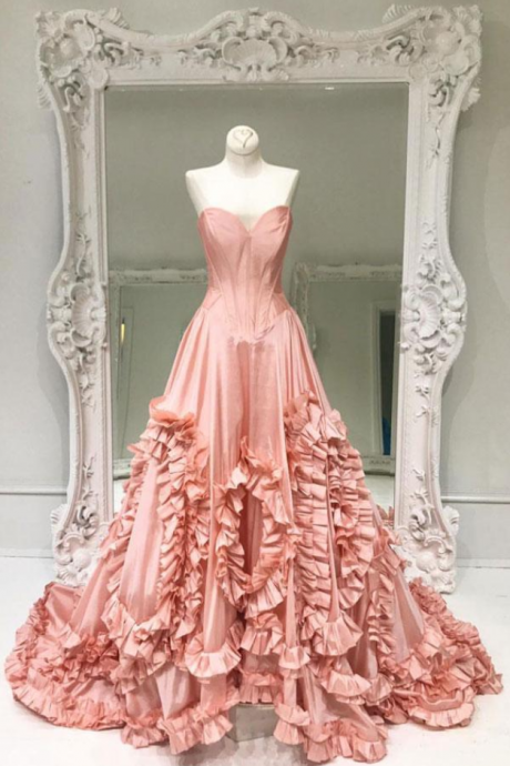 Unique Pink Satin Prom Dress, Long Prom Dress, Pink Evening Dress