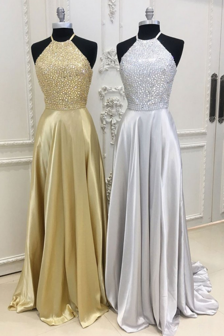 A-line Beads Satin Long Prom Dress, Evening Dress