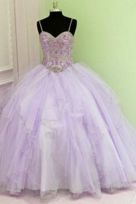 Spaghetti Straps Crystal Prom Dress, Beaded Sweetheart Prom Dress,tulle Ruffles Ball Gowns Prom Dress