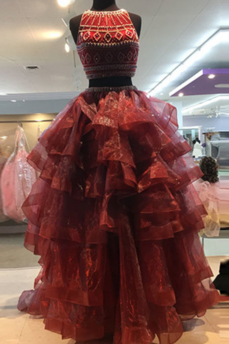 High Fashion Two-piece Burgundy Organza Long Prom/evening Dress,beading Prom Dress