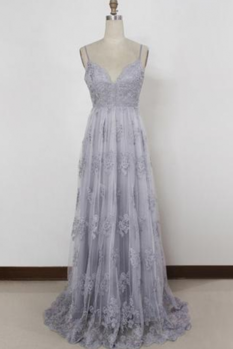Sheath Spaghetti Straps Sweep Train Backless Lavender Tulle With Appliques Prom Dresses