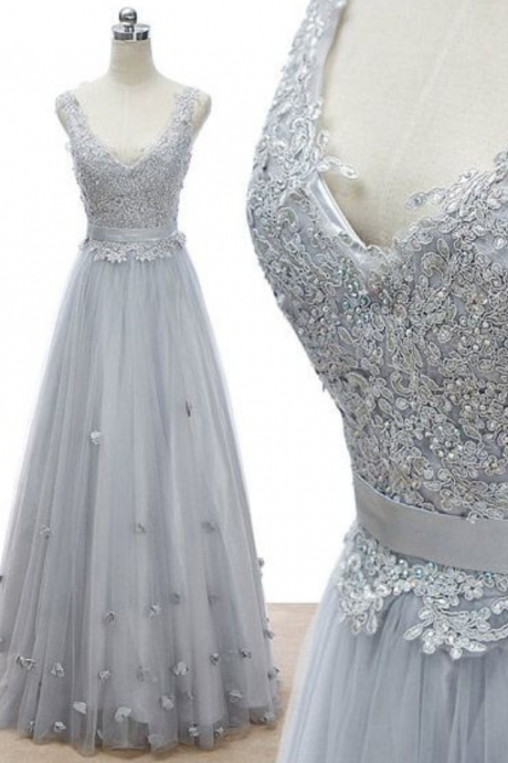 A-line Prom Dresses V-neck,long Prom Dresses Silver,tulle Appliques Lace Prom Dresses Modest