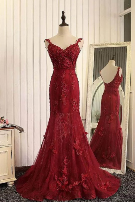  Red organza prom dress with lace appliques, ball gown, prom dresses 