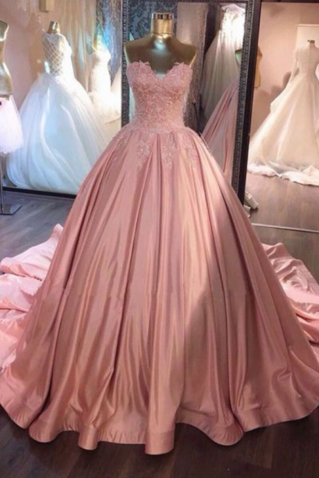 Sweetheart Lace Appliques Pink Satin Long Strapless A-line Prom Dress, Ball Gown, Pink Blush Prom Dresses, Ball Gown Prom Dresses