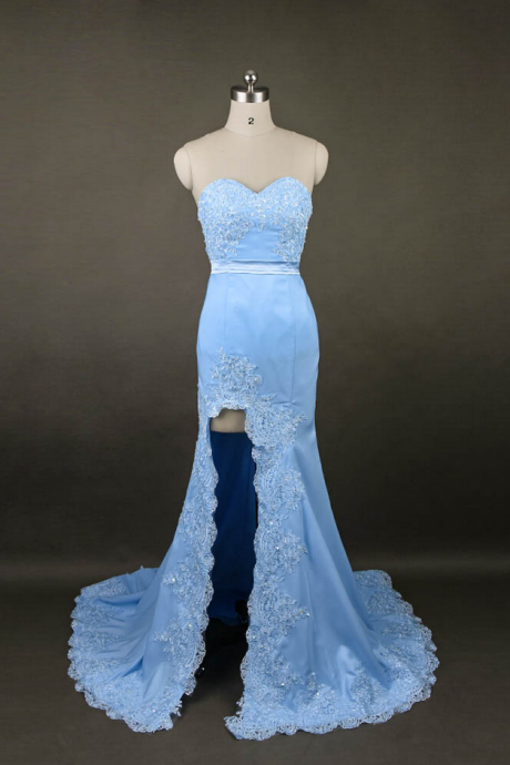 Blue Long Prom Dresses Real Photo Sexy High Slit Sweetheart Lace Beaded Satin Formal Mermaid Evening Party Gowns