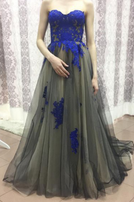 Dark Grey Tulle Royal Blue Appliqued Prom Dresses,strapless Prom Gowns,long Formal Dresses