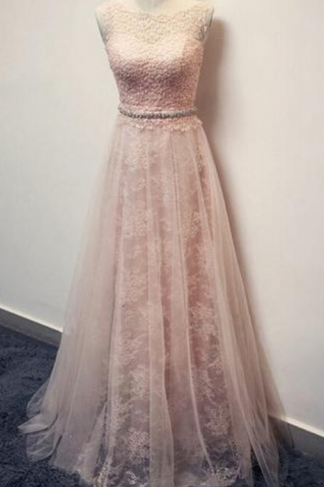 Charming Blush Pink Lace Formal Applique Long Prom Dresses