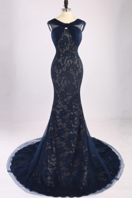 Dark Navy Backless Lace Tulle Court Train Ruffles Trumpet/mermaid Prom Dress