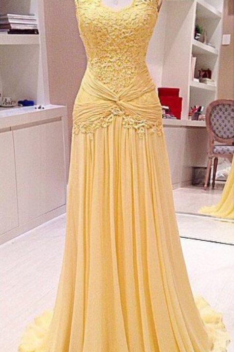 Yellow See Through Back Pretty Long Lace Prom Dresses