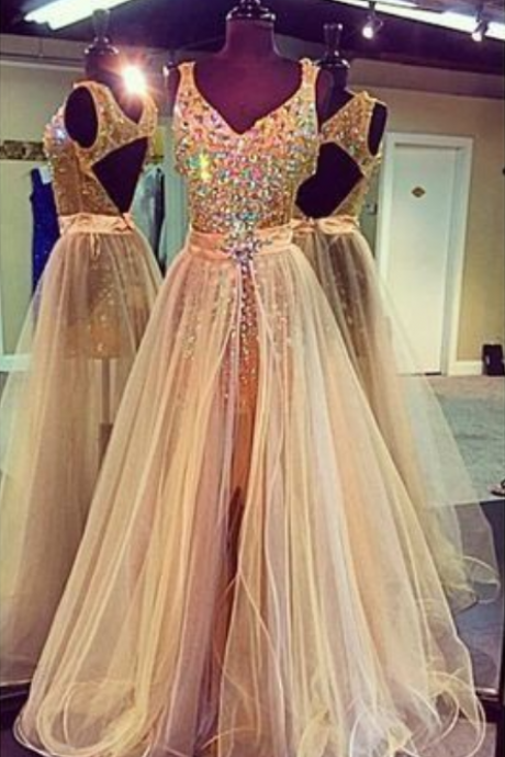 Gold Sparkle 2 Pieces Heavy Beaded Open Back Long Prom Dresses